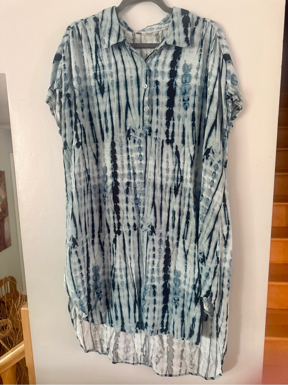 Cupio Tie Dye Tunic Top Blue White Shibori Stripe Button Up High Low Hem XL